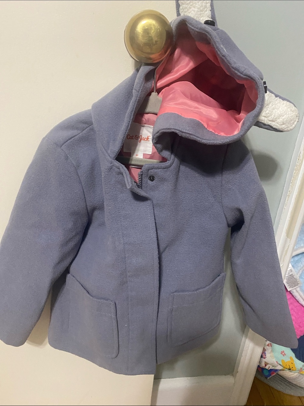Cat & Jack Girls' grey Hooded Coat with Pink Lining with bunny hood
